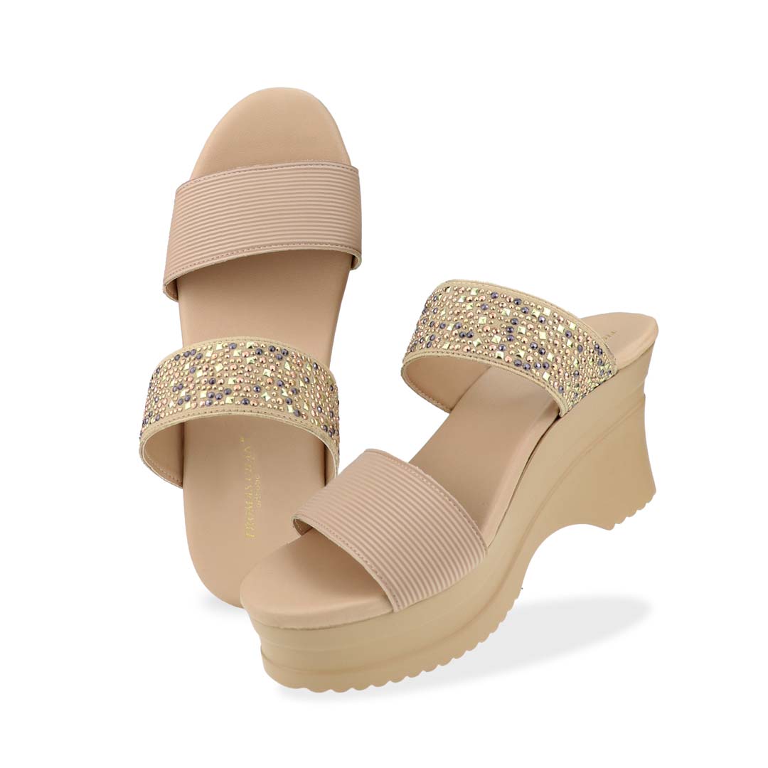 Full view of Thomas Chan's Strappy Rhinestone Cushioned Heels in cream: With a built-in cushioned footbed and a chic two-strap design, these heels offer a sleek front stripe complemented by a dazzling rhinestone strap at the back.