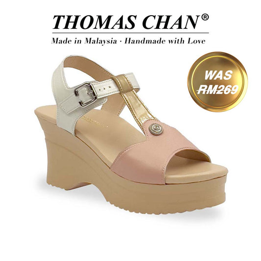 A diagonal view of 3-inch Three-Tone Slingback Heels from Thomas Chan’s Cushioned Footbed Series, featuring a stylish mix of soft pink, ivory, and gold tones. Designed with an adjustable slingback strap and a cushioned footbed for enhanced comfort and support. "THOMAS CHAN®" brand displayed with "Made in Malaysia · Handmade with Love" below. Gold and white banner highlights special offer: "WAS 269."