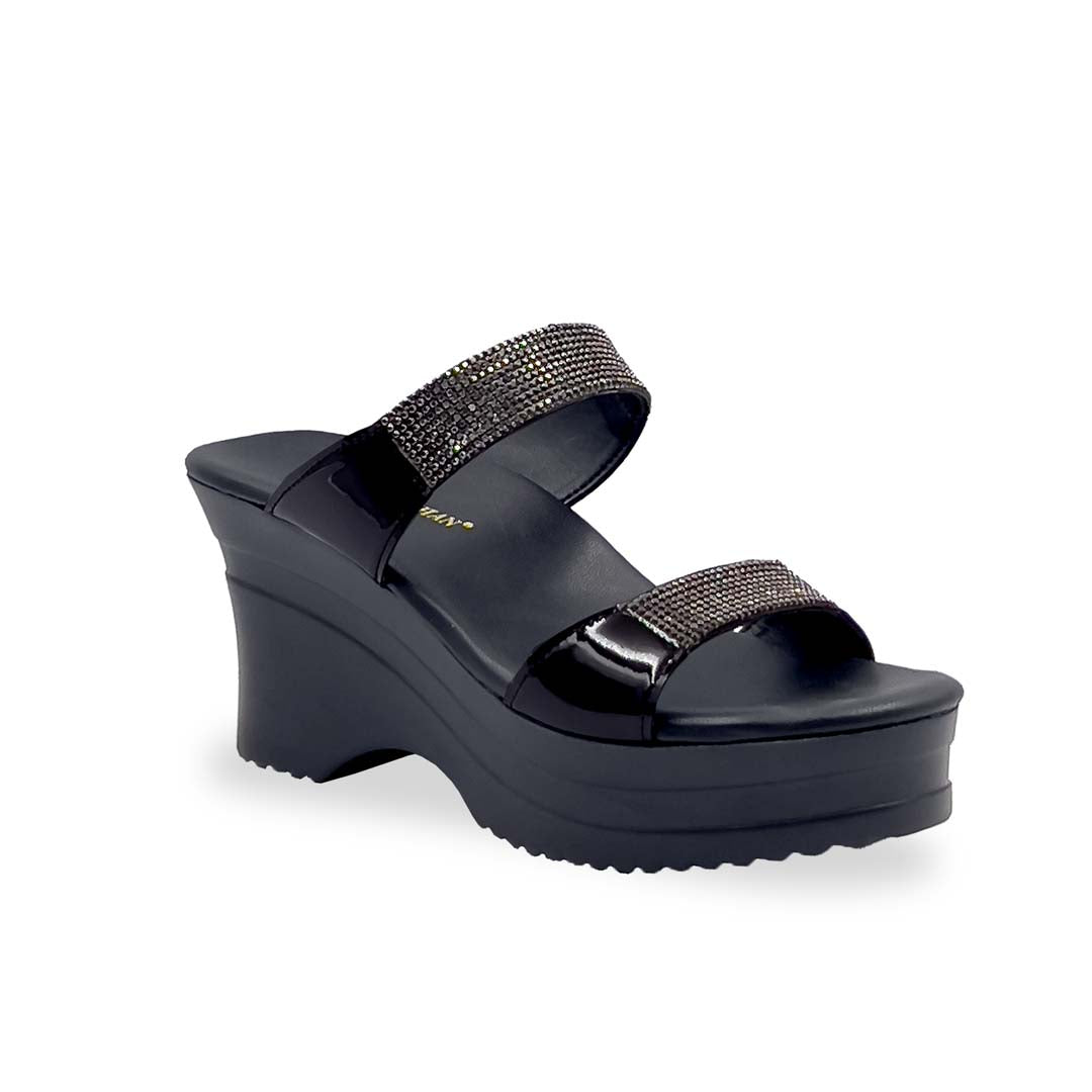 A stylish pair of 3-inch Thomas Chan Multi-Row Diamond wedge heels from the Cushioned Footbed Series, featuring a dark-tone sole and glossy black patent straps adorned with sparkling multi-row diamond embellishments. Designed for both elegance and comfort.