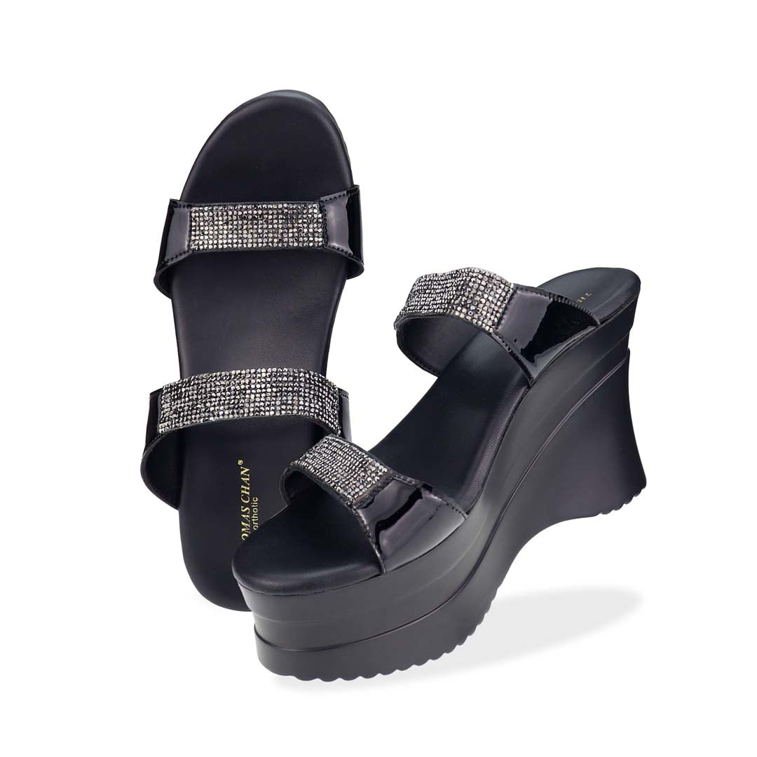 A complete top-to-bottom display of the Multi-Row Diamond Heels, emphasizing their luxurious design, open-toe structure, and supportive cushioned footbed.