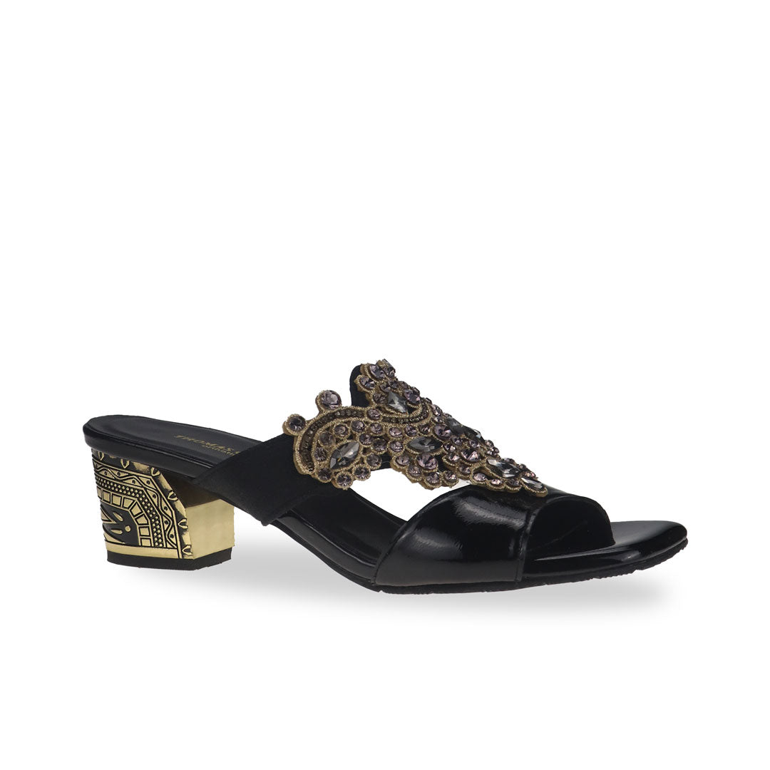 Diagonal view showcasing the timeless elegance of Thomas Chan's Glamour Vintage Rhinestone Block Heels in black, exuding sophistication with sparkling rhinestone accents.