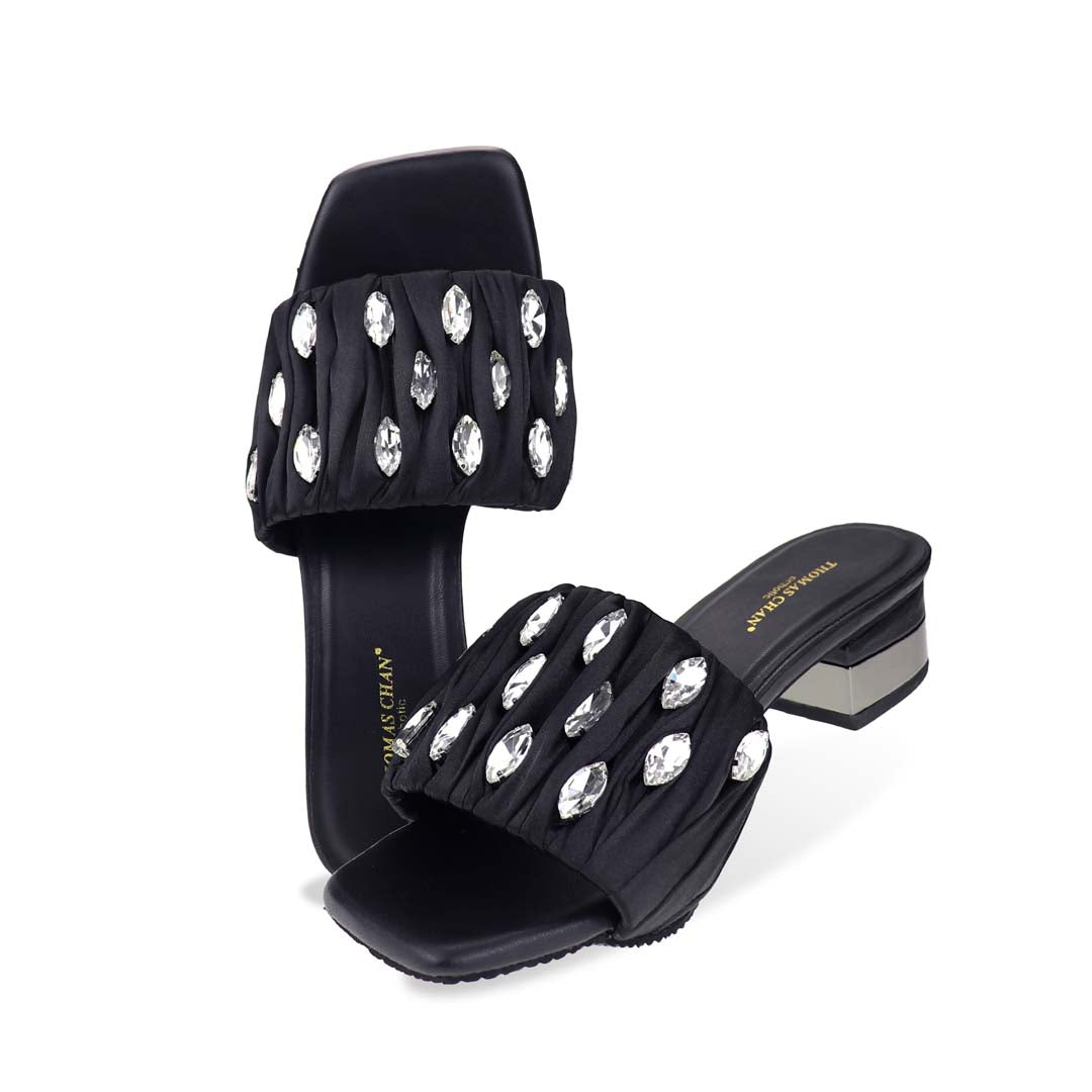 Alt Text:
Full studio shot of Crystal Lux Satin Evening Heels in black on a white background, highlighting the satin upper, crystal accents, and 4cm glossy heel — ideal for formal evenings and occasion wear.