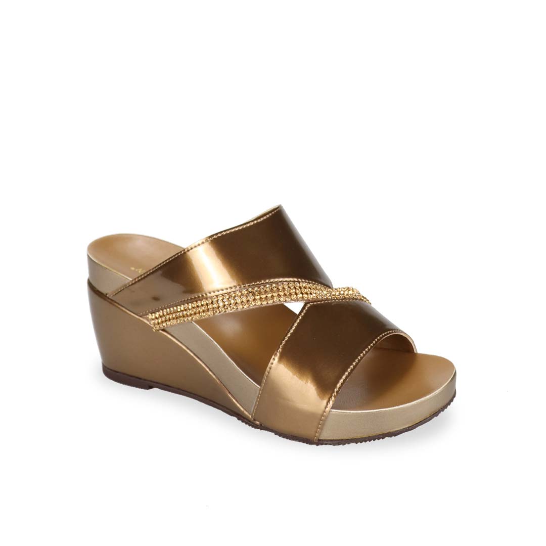 Diagonal view of bronze colour Thomas Chan comfortable diamond strap shiny dinner wedge sandals.