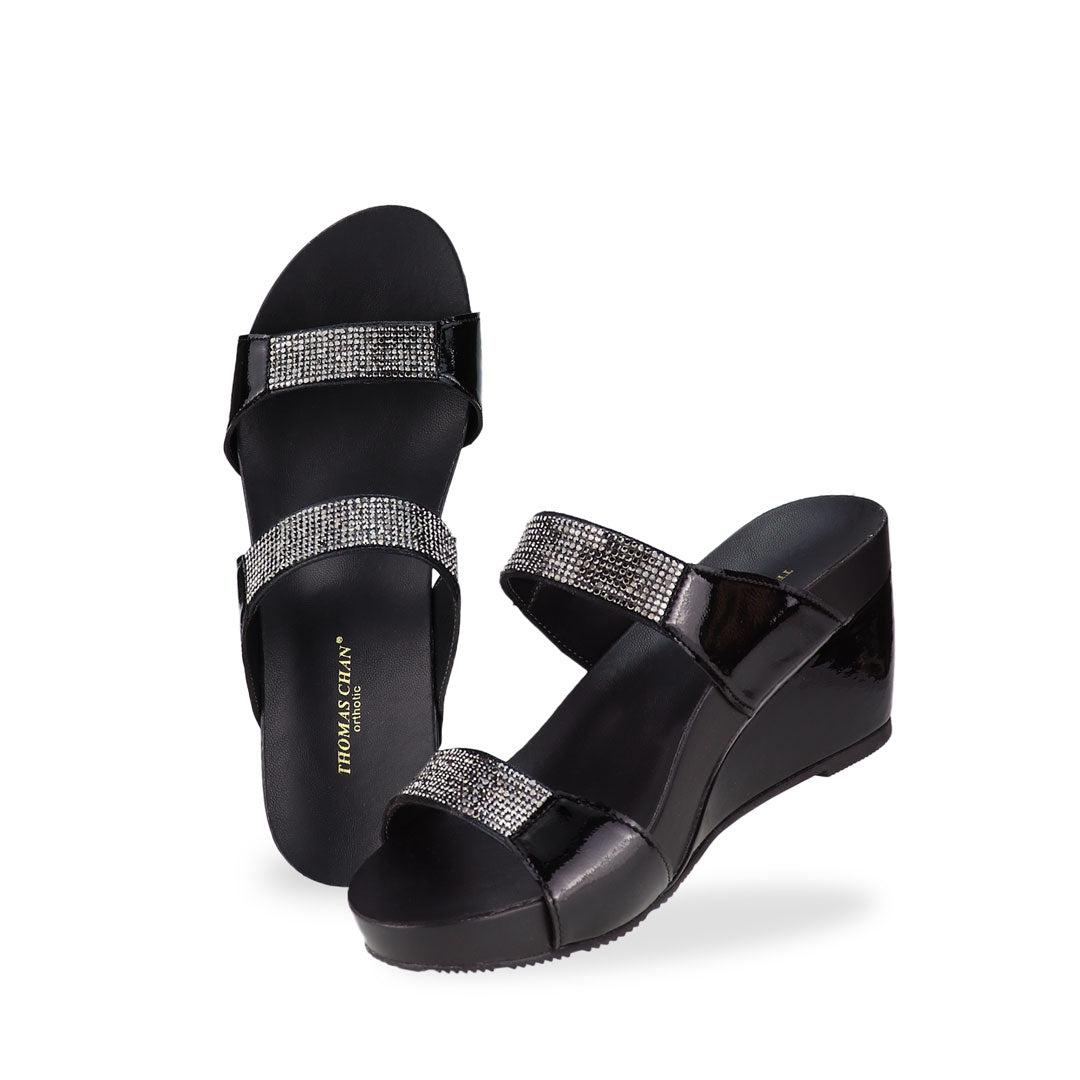 Full view of Thomas Chan black colour Multi-Row Diamond Wedge Sandals, adorned with handpicked multi-row diamond straps and Thomas ChanĀ® Orthotic Arch-elegance footbed for stylish comfort.
