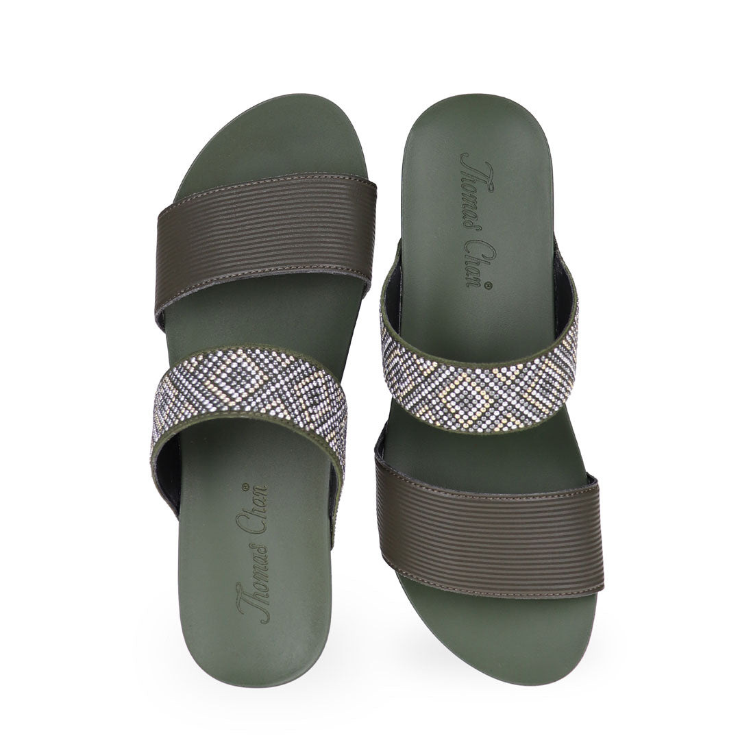Front view of Thomas Chan olive green color comfortable boho-inspired strappy low wedge sandals