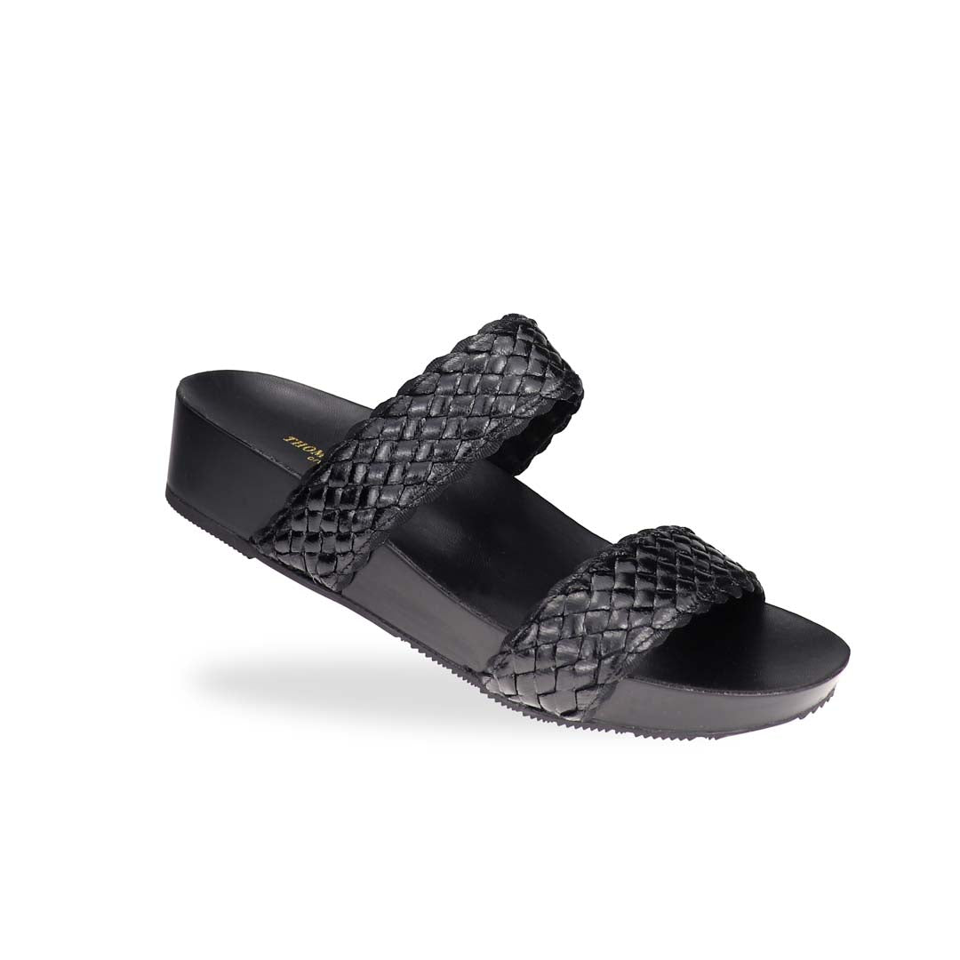 Black twin band flatform sandals in diagonal view on white studio background – Thomas Chan LiteStep Collection