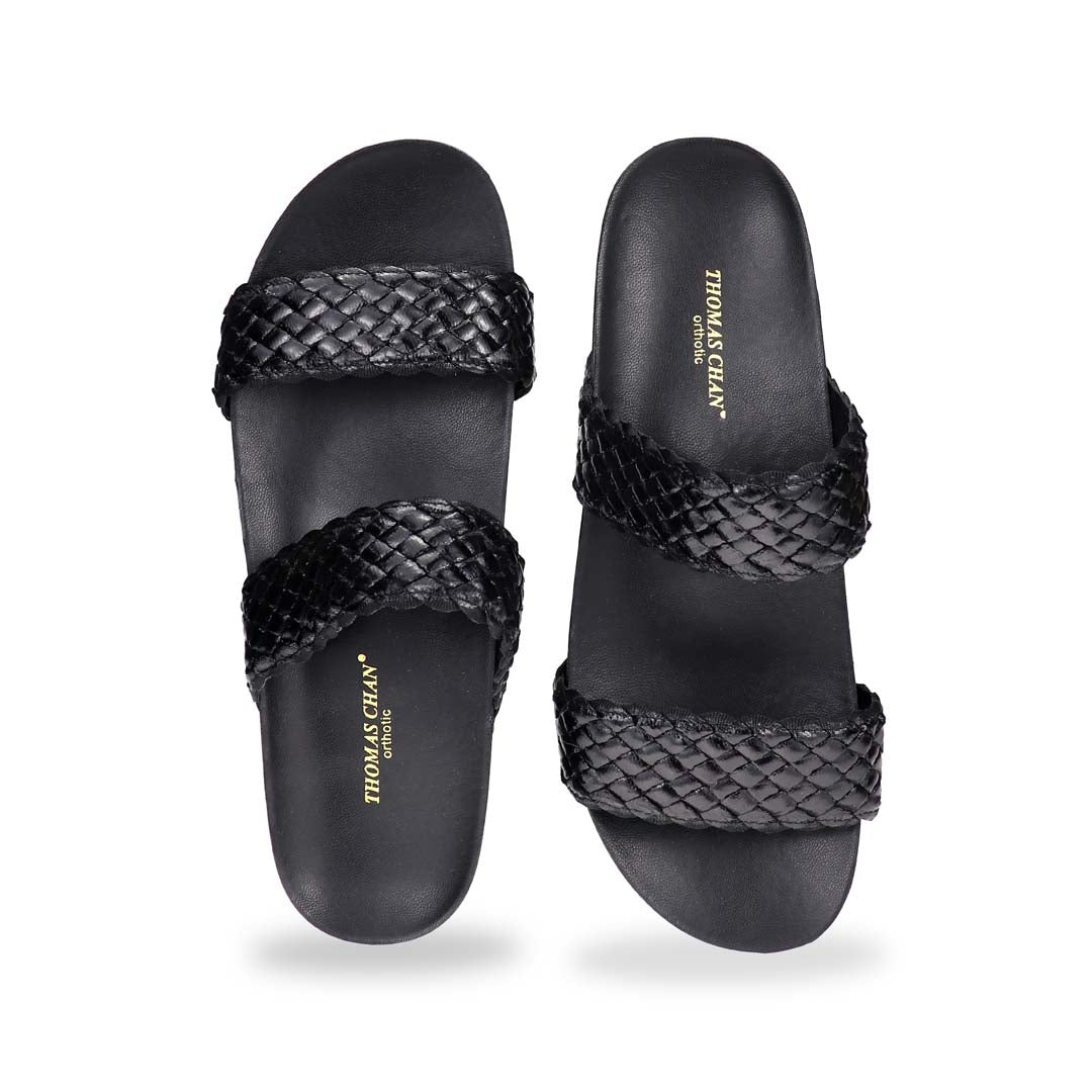 Front angle of black twin band sandals with square toe design – Thomas Chan LiteStep women’s comfort sandals