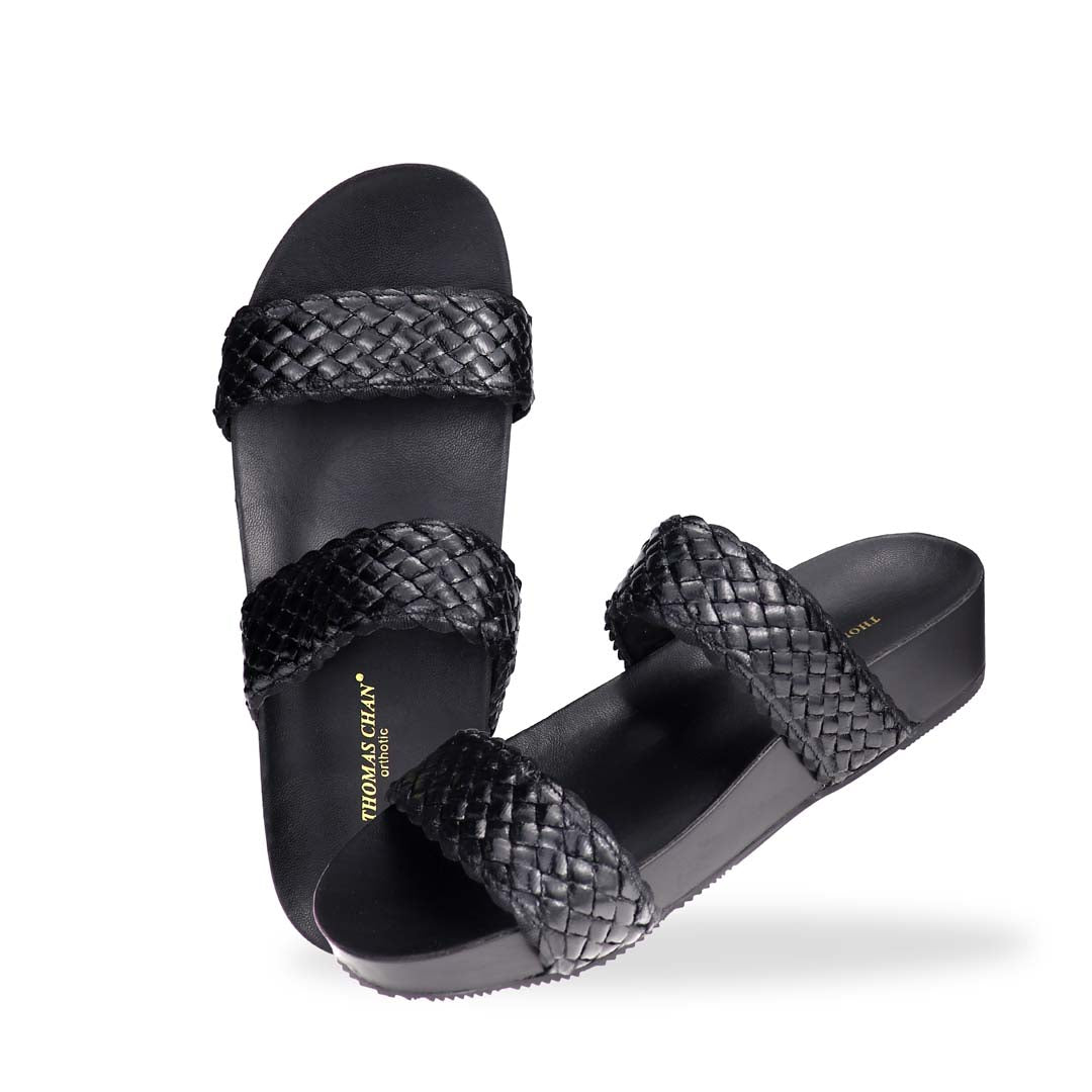 Full vertical view of black twin band flatform sandals for women – Lightweight LiteStep everyday sandals