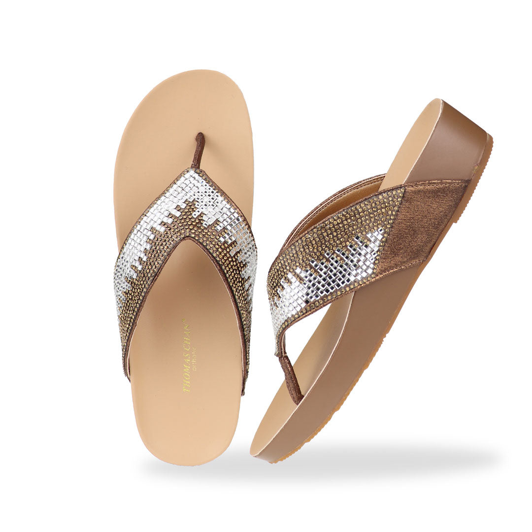 Full view of Thomas Chan’s bronze suede rhinestone flip-flops highlighting the elegant suede texture, rhinestone detailing, and LiteStep flatform footbed.