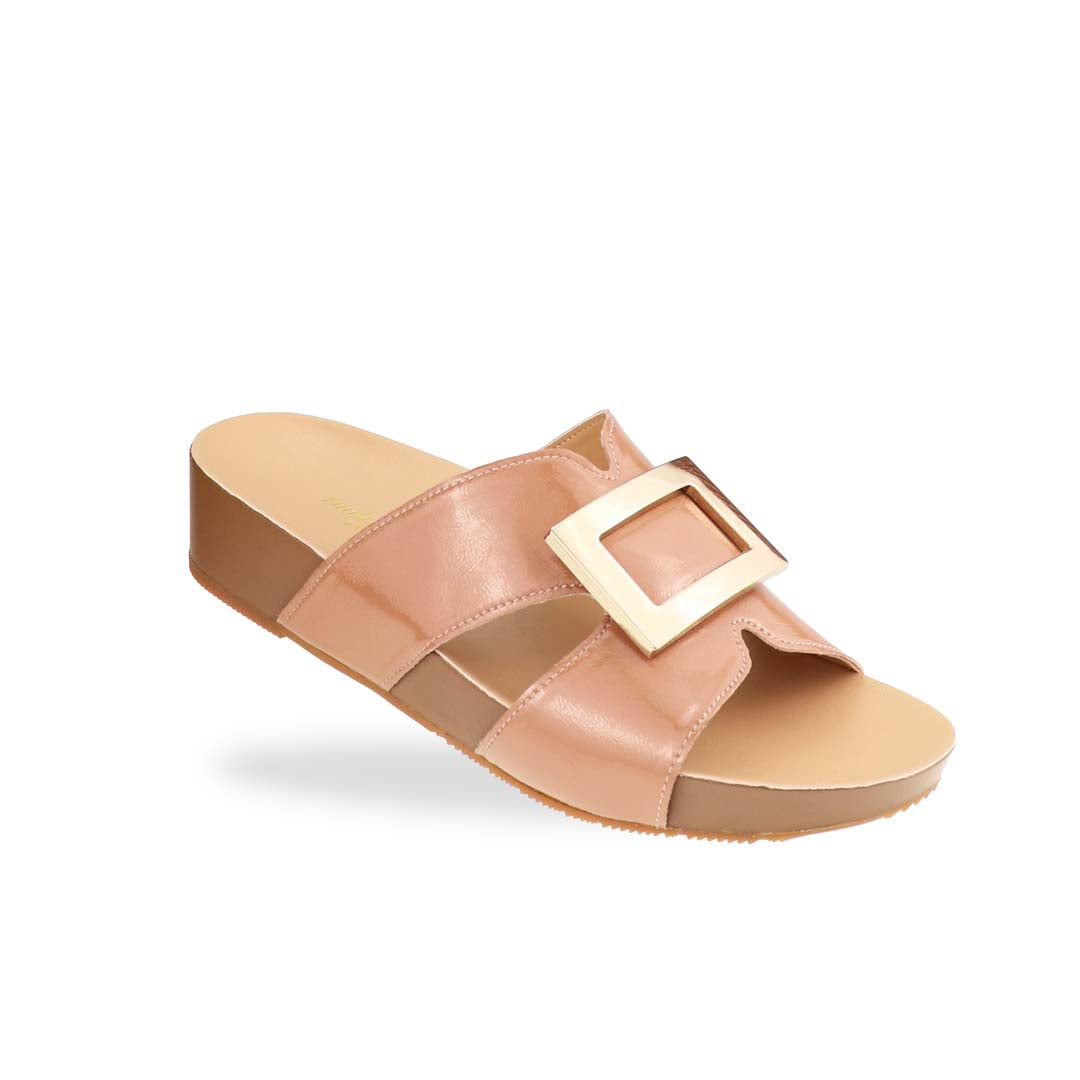 Thomas Chan LiteStep flatform sandals in nude patent leather with square gold buckle, displayed diagonally on white studio background.