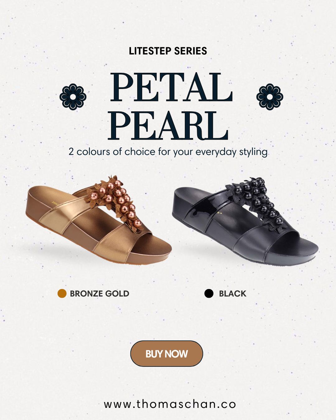 Thomas Chan LiteStep Series Petal Pearl Sandals in Bronze Gold and Black. Stylish slide-on flatforms with 3D pearl petal embellishments—designed for daily comfort and lightweight wear. Available now at www.thomaschan.co in two elegant shades.