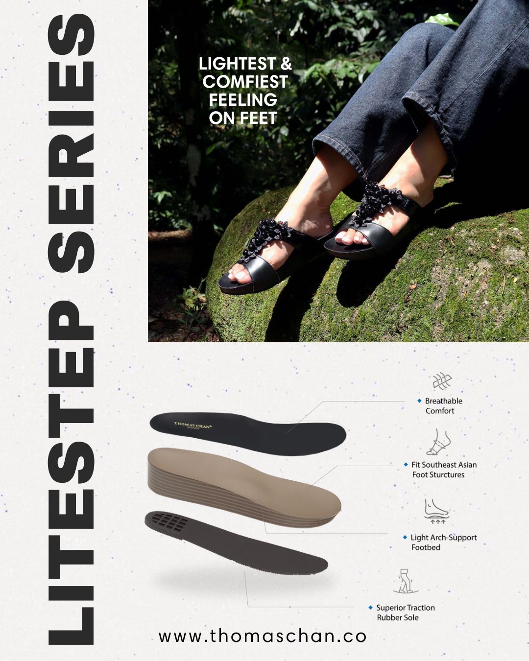 Thomas Chan's LiteStep Series sandals in black—featuring pearl petal embellishments worn outdoors on mossy rock. Highlighted benefits include breathable comfort, Southeast Asian foot fit, light arch-support footbed, and superior traction sole. Lightweight and ultra-comfy, now available at www.thomaschan.co.