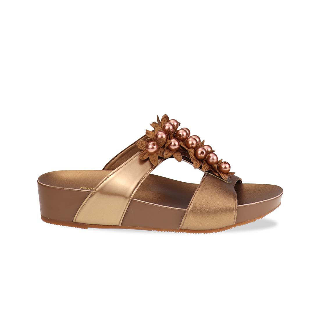 Side view of Thomas Chan Petal Pearl Flatform Sandals showcasing sleek silhouette, bronze straps, and arch-friendly LiteStep footbed.