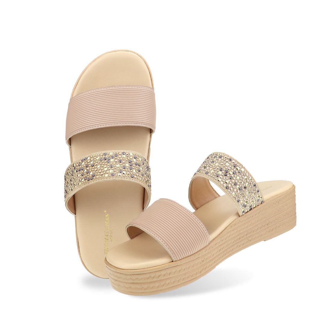 Full view of Thomas Chan Boho Rhinesstone Flatform sandals in cream, featuring a comfort cushioned footbed. The platform, with a cream braided element, measures 3cm at the front and 5cm at the back.