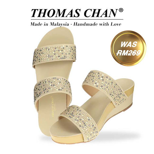Full view of Blinkies Twin Band Wedges – twin rhinestone straps on cream low wedge sandals for women, Arch-legance collection by Thomas Chan. The "THOMAS CHAN®" brand is displayed with "Made in Malaysia · Handmade with Love" below. A gold and white banner highlights a special offer: "Was RM269."