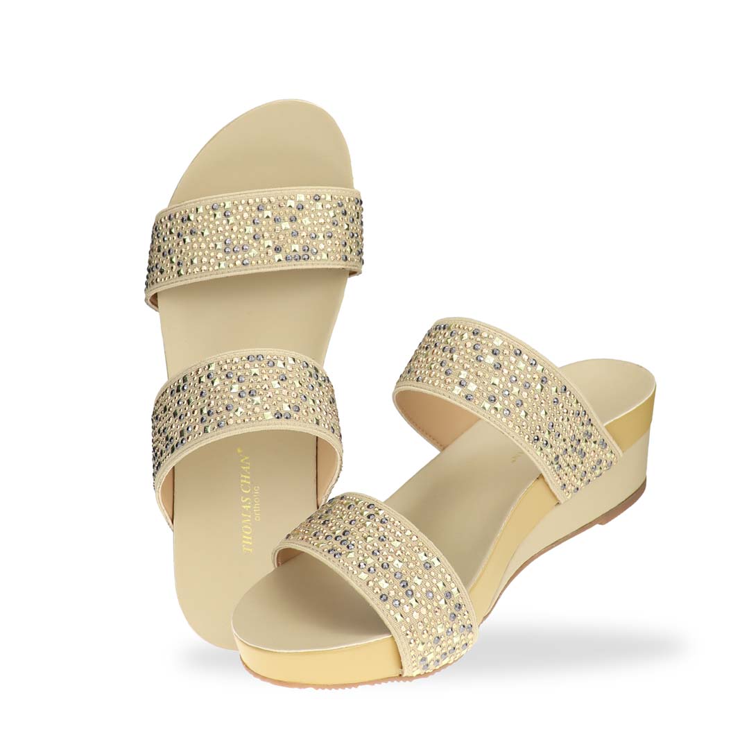 Full view of Blinkies Twin Band Wedges – twin rhinestone straps on cream low wedge sandals for women, Arch-legance collection by Thomas Chan.