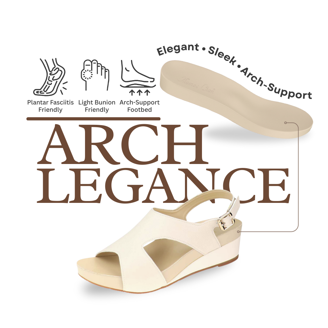 Elegant wedge sandals with arch-support footbed, designed to elevate height while offering comfort for plantar fasciitis and gentle bunion coverage
