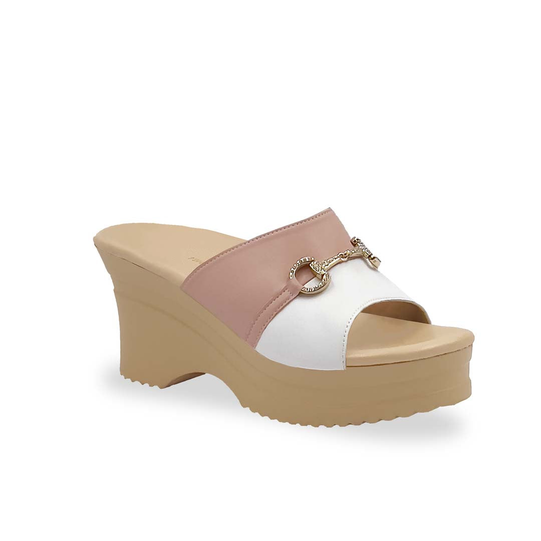 Diagonal view of Thomas Chan Two-Tone Horsebit Buckle Wedge Heels  from Cushioned Heel Series, featuring a blush pink and white upper with a gold horsebit buckle accent, set on a beige cushioned platform sole.
