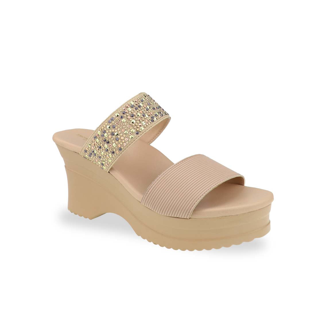Diagonal view of Thomas Chan's Strappy Rhinestone Cushioned Heels in cream: With a built-in cushioned footbed and a chic two-strap design, these heels offer a sleek front stripe complemented by a dazzling rhinestone strap at the back.