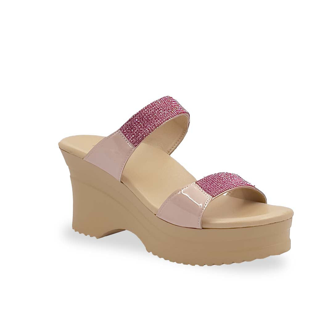A stylish pair of 3-inch Thomas Chan Multi-Row Diamond wedge heels from the Cushioned Footbed Series, featuring a nude-tone sole and glossy pink patent straps adorned with sparkling multi-row diamond embellishments. Designed for both elegance and comfort.