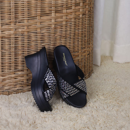 Thomas Chan's Diamond Crisscross Cushioned Heels in black colour: Crafted from sueded microfiber leather with integrated cushioned insoles, these heels seamlessly blend style and support. Perfect for daily wear, work, and special occasions, ensuring comfort for your feet all day long.