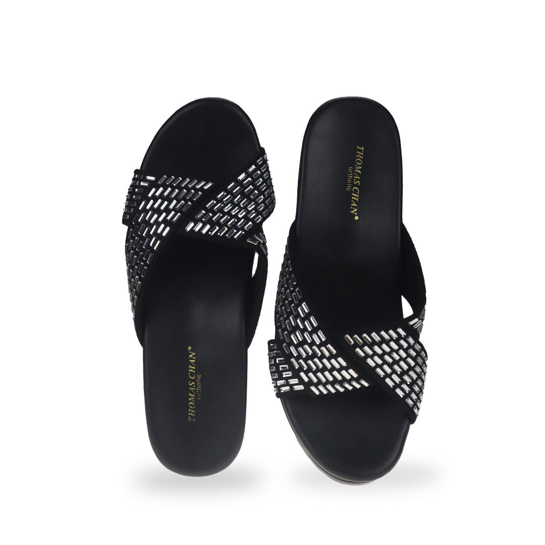 Front view of black Diamond Crisscross Cushioned Heels: Crafted from sueded microfiber leather with integrated cushioned insoles, these heels seamlessly blend style and support.