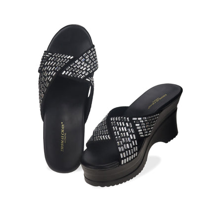 Full view of black Diamond Crisscross Cushioned Heels: Crafted from sueded microfiber leather with integrated cushioned insoles, these heels seamlessly blend style and support.