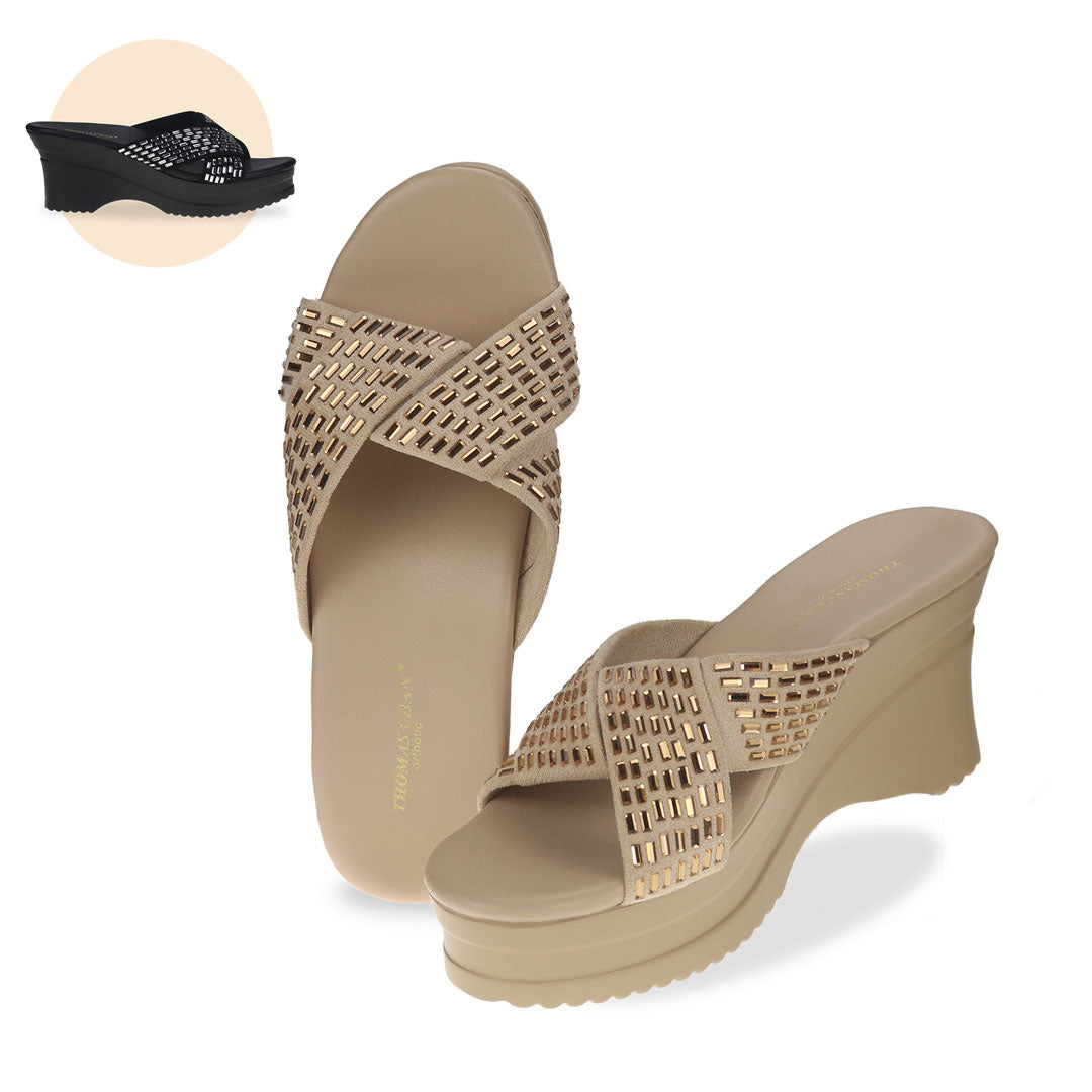 Diamond Crisscross Cushioned Heels: Crafted from sueded microfiber leather with integrated cushioned insoles, these heels seamlessly blend style and support available in black and gold