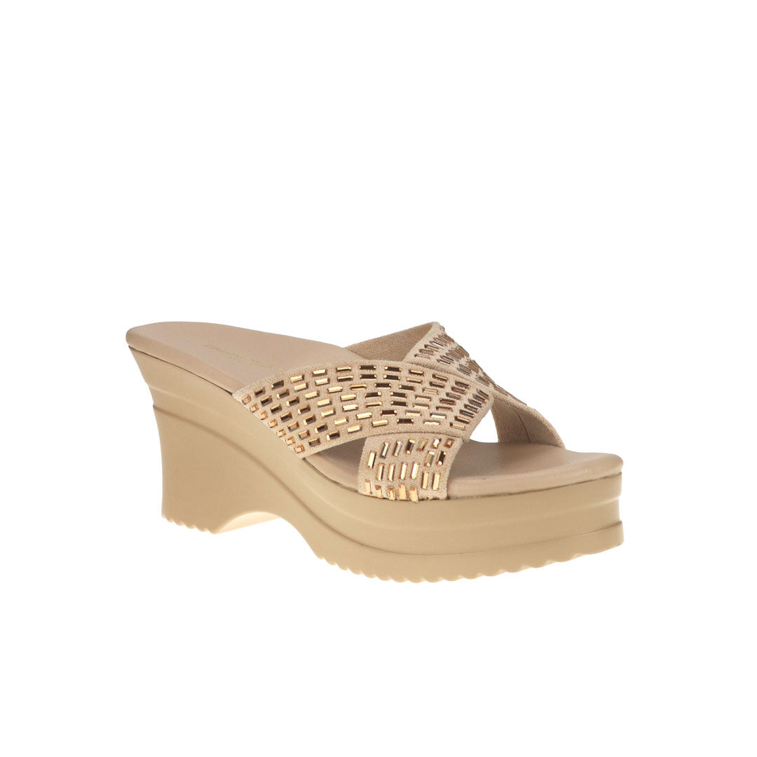 Diagonal view of Gold Diamond Crisscross Cushioned Heels: Crafted from sueded microfiber leather with integrated cushioned insoles, these heels seamlessly blend style and support.