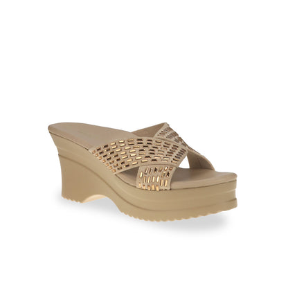 Diagonal view of Gold Diamond Crisscross Cushioned Heels: Crafted from sueded microfiber leather with integrated cushioned insoles, these heels seamlessly blend style and support.