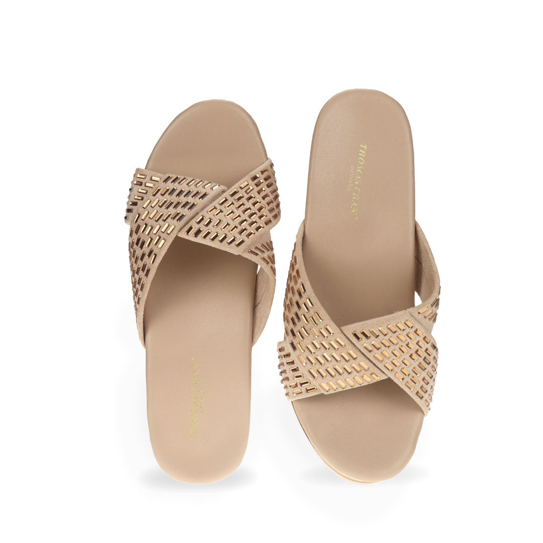 Front view of Gold Diamond Crisscross Cushioned Heels: Crafted from sueded microfiber leather with integrated cushioned insoles, these heels seamlessly blend style and support.