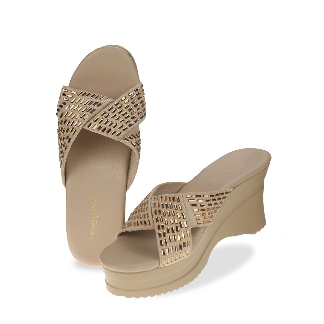 Full view of Gold Diamond Crisscross Cushioned Heels: Crafted from sueded microfiber leather with integrated cushioned insoles, these heels seamlessly blend style and support.
