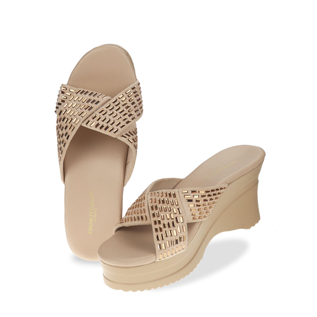 Full view of Gold Diamond Crisscross Cushioned Heels: Crafted from sueded microfiber leather with integrated cushioned insoles, these heels seamlessly blend style and support.