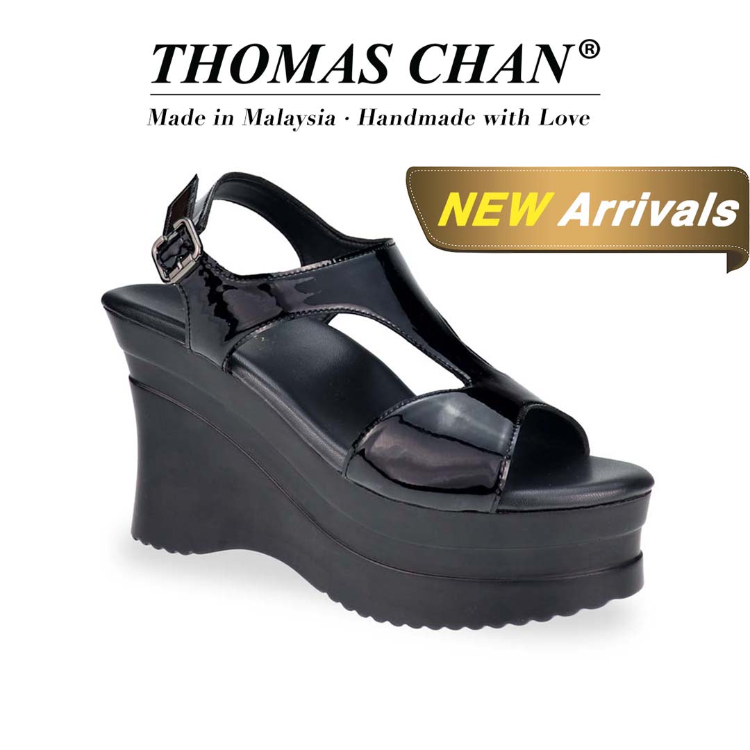 A dynamic diagonal shot of Thomas Chan’s Patent Leather Slingback Heels highlighting the structured silhouette, 4-inch heel, and elegant shine of the patent leather."THOMAS CHAN®" brand displayed with "Made in Malaysia · Handmade with Love" below. Gold and white banner highlights special offer: "New Arrival"