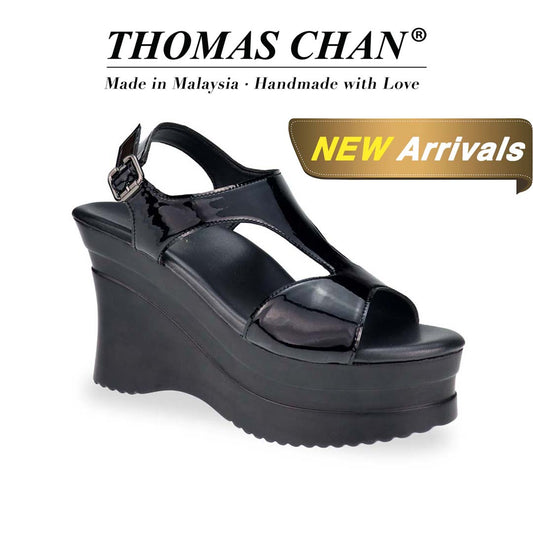 A dynamic diagonal shot of Thomas Chan’s Patent Leather Slingback Heels highlighting the structured silhouette, 4-inch heel, and elegant shine of the patent leather."THOMAS CHAN®" brand displayed with "Made in Malaysia · Handmade with Love" below. Gold and white banner highlights special offer: "New Arrival"