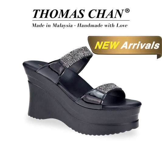 A dynamic diagonal perspective of the Multi-Row Diamond Heels, highlighting the shimmering diamond details, smooth finish, and elevated heel for a refined silhouette."THOMAS CHAN®" brand displayed with "Made in Malaysia · Handmade with Love" below. Gold and white banner highlights special offer: "New Arrival".