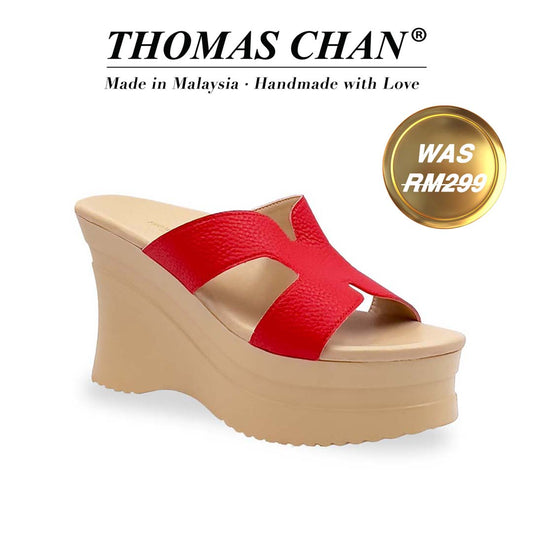 Thomas Chan's H-strap Cushioned Heels in red with a 4 inch height, featuring an pebble lychee leather print design and comfortable cushioned footbed. "THOMAS CHAN®" brand displayed with "Made in Malaysia · Handmade with Love" below. Gold and white banner highlights special offer: "WAS 299."