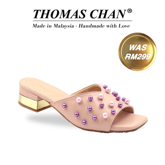 Pearly Pearl Low Heeled Sandals 1.25" inch [Dinner Series][Black/Pink][ODD SIZES LEFT]