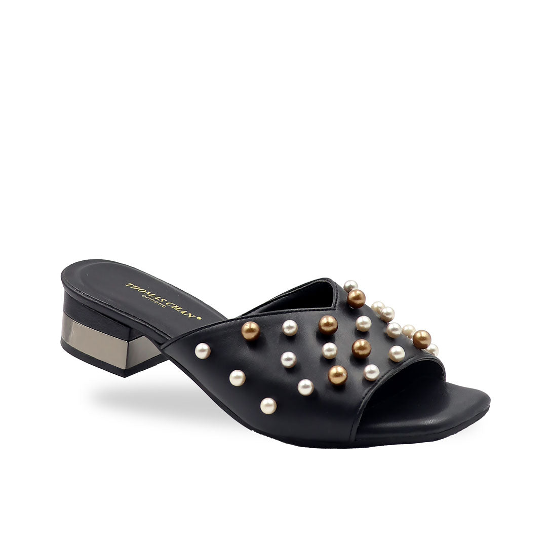 Pearly Pearl Low Heeled Sandals 1.25" inch [Dinner Series][Black/Pink][ODD SIZES LEFT]