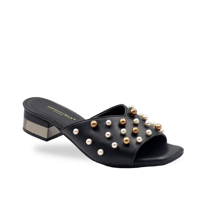 Pearly Pearl Low Heeled Sandals 1.25" inch [Dinner Series][Black/Pink][ODD SIZES LEFT]