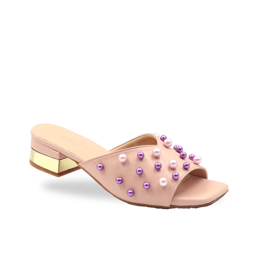 Pearly Pearl Low Heeled Sandals 1.25" inch [Dinner Series][Black/Pink][ODD SIZES LEFT]
