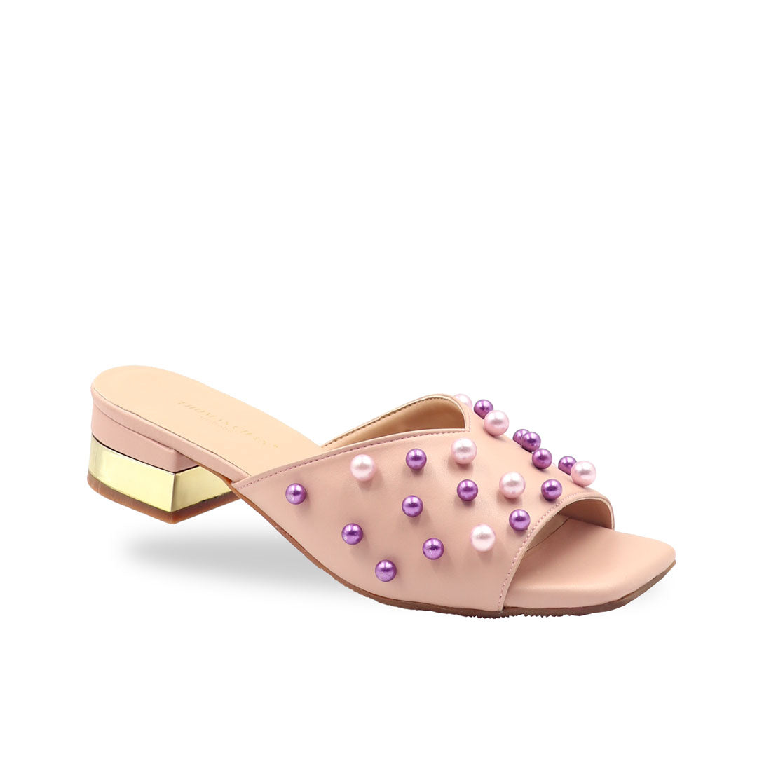 Pearly Pearl Low Heeled Sandals 1.25" inch [Dinner Series][Black/Pink][ODD SIZES LEFT]