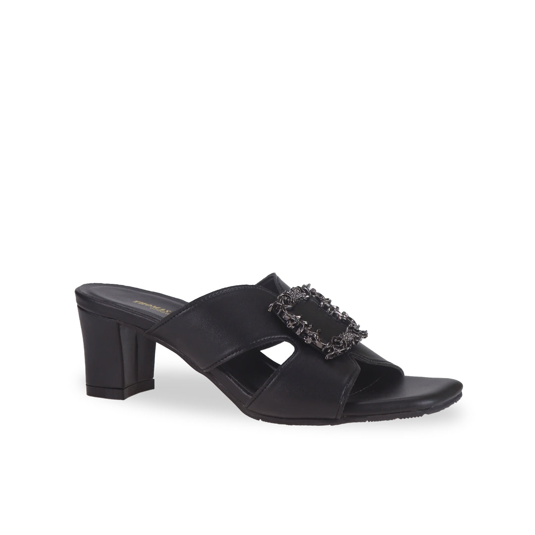 Classic midnight black slide comfortable casual sandal low heels open toe elegant design diagonal product view