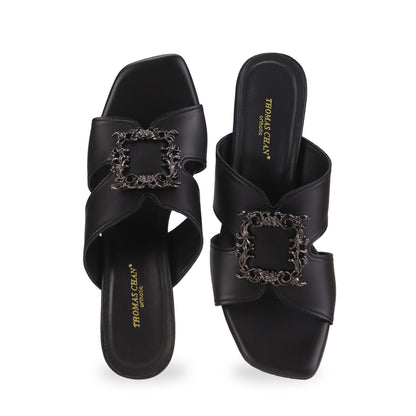 Classic midnight black slide comfortable casual sandal low heels open toe elegant design front product view