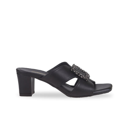 Classic midnight black slide comfortable casual sandal low heels open toe elegant design side product view