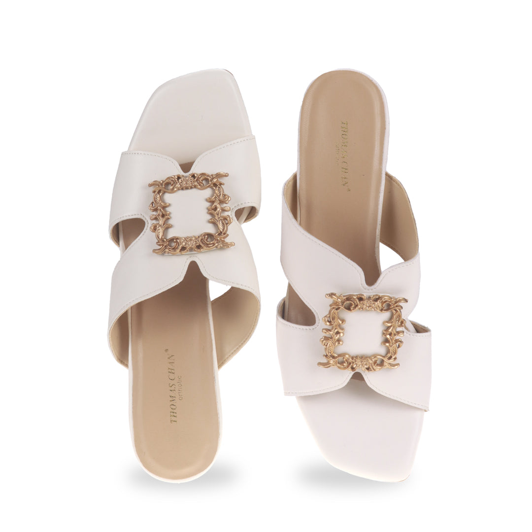 Classic ivory white slide comfortable casual sandal low heels open toe elegant design front product view