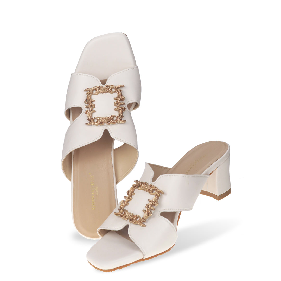 Classic ivory white slide comfortable casual sandal low heels open toe elegant design full product view