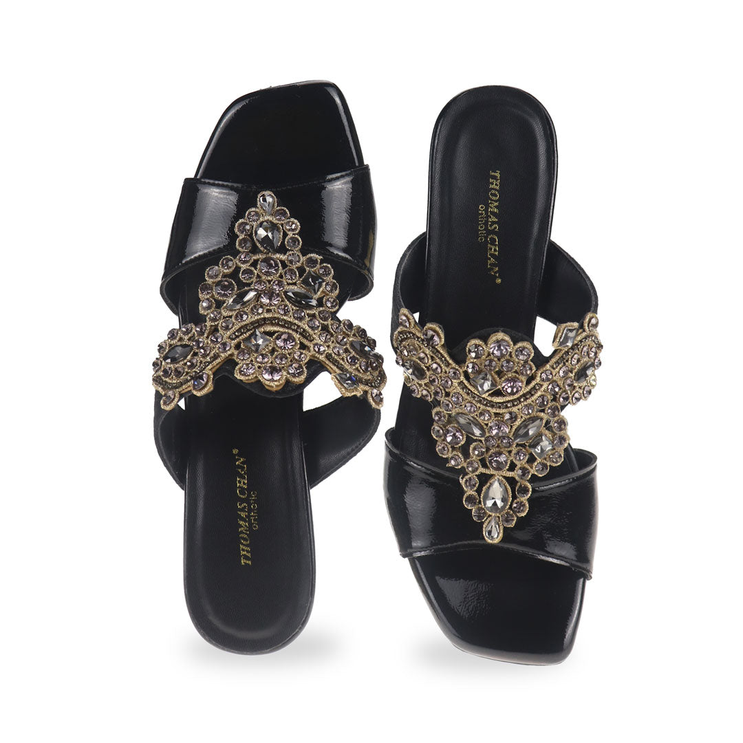Front view showcasing the timeless elegance of Thomas Chan's Glamour Vintage Rhinestone Block Heels in black, exuding sophistication with sparkling rhinestone accents.
