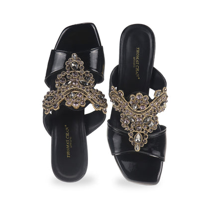 Front view showcasing the timeless elegance of Thomas Chan's Glamour Vintage Rhinestone Block Heels in black, exuding sophistication with sparkling rhinestone accents.