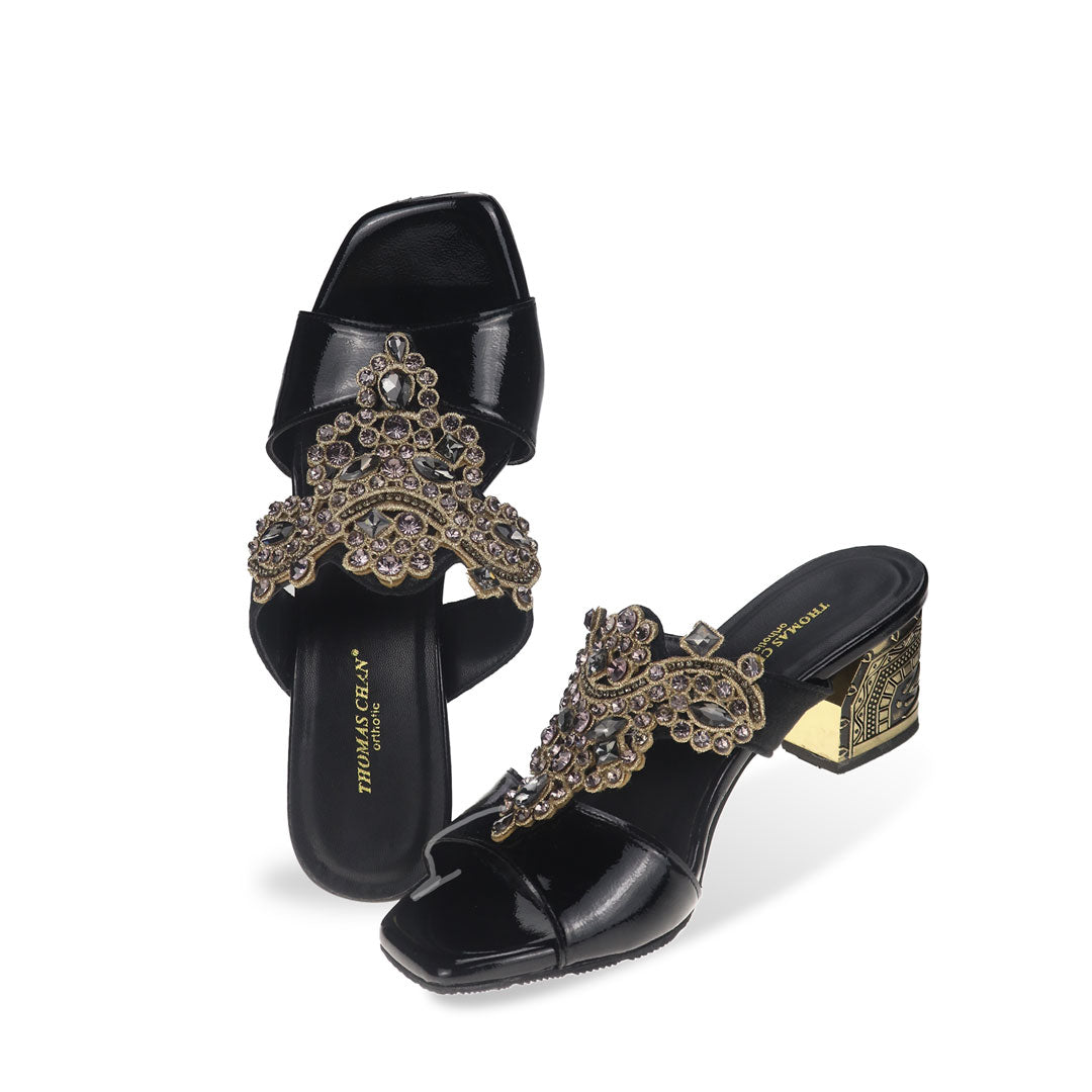 Full view showcasing the timeless elegance of Thomas Chan's Glamour Vintage Rhinestone Block Heels in black, exuding sophistication with sparkling rhinestone accents.